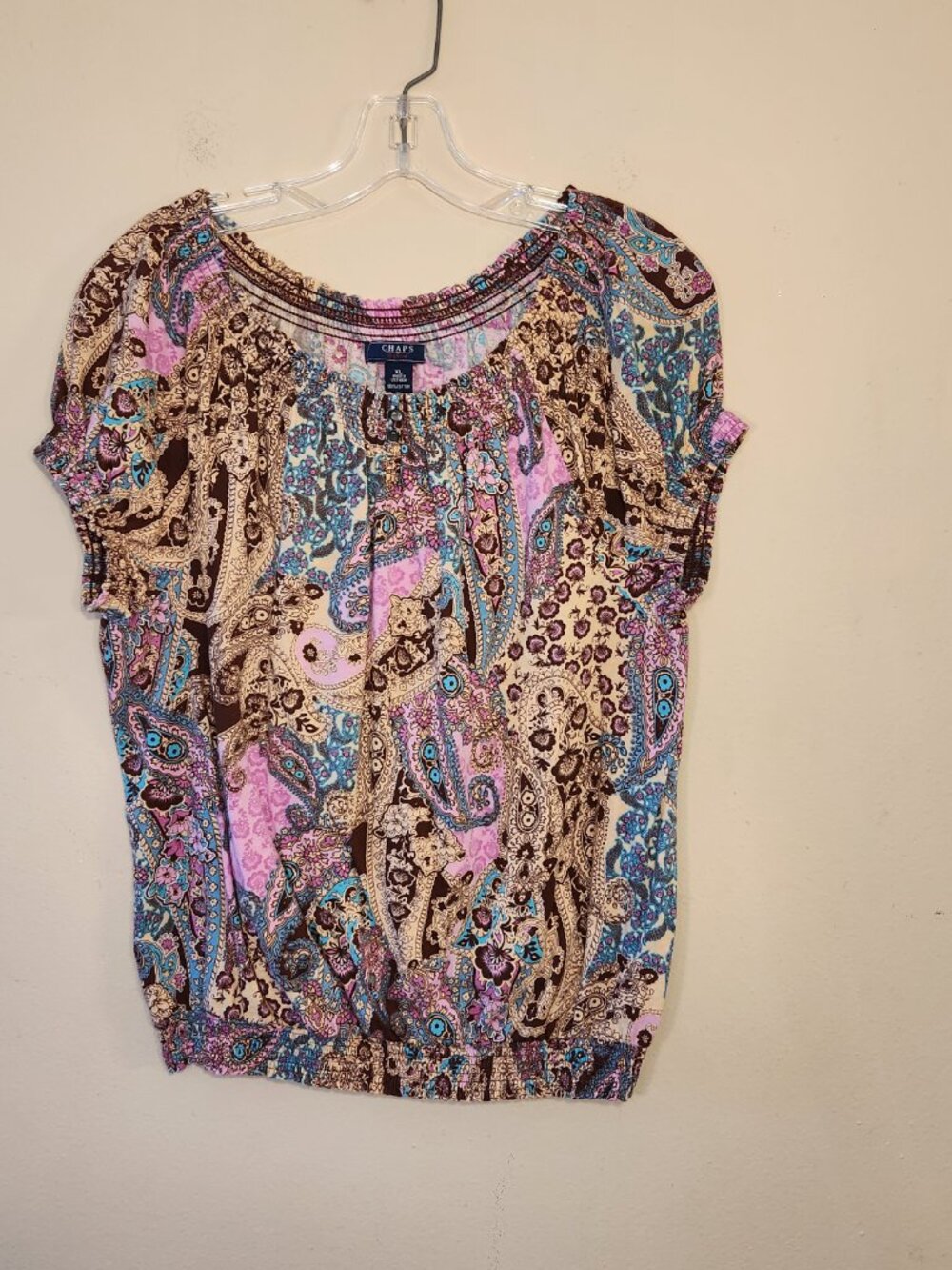 Chaps Paisley print gathered waist short sleeve top size XL